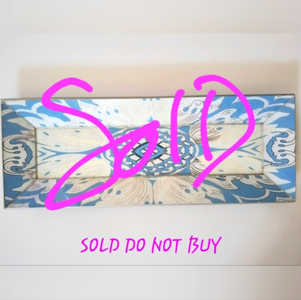 Arcadia Home Handmade Reverse Painted Mirror Tray Beveled Edge Sky Blue‎